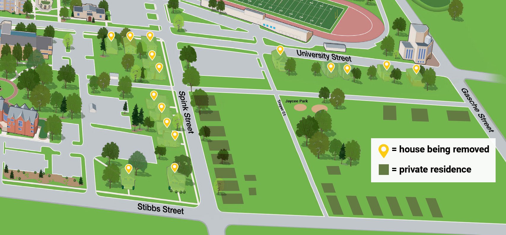 Illustrated campus map of The College of Wooster showing the southeast corner of campus. Yellow map pins identify 16 College-owned houses slated for removal, while shaded blocks indicate nearby private residences along University, Spink, Stibbs, and Cascade streets near Jaycee Park.