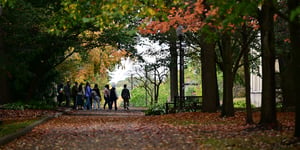 A group walks along a leaf-covered path at The College of Wooster beneath trees with colorful fall foliage.