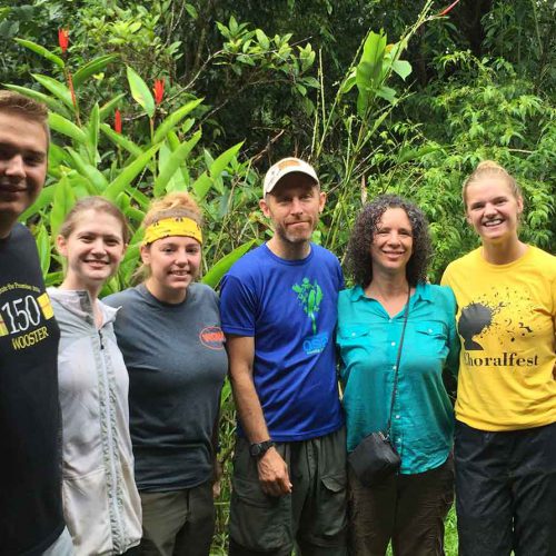 Pictured left to right: Chris Gumpper ’18 , Amberleigh Ray ’18 , Sarah Comstock ’18, Rick Lehtinen, professor of biology, Laura Sirot, associate professor of biology, and Mackenzie Kellar ’18. completed research at Bijagual Ecological Reserve in Costa Rica in 2017 that resulted in a study published in a scholarly journal. Photo: Paul Foster.