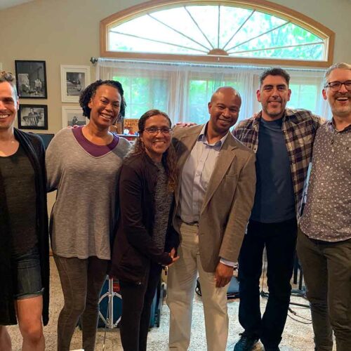 The cast of Under the Sycamores (Ray Caspio, Treva Offutt, Robin Pease and Leilani Barrett) with director Jimmy Noriega and playwright Les Hunter at Radio on the Lake Theatre's recording studio.