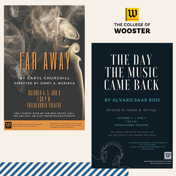 posters for Far Away and The Day The Music Came Back at The College of Wooster