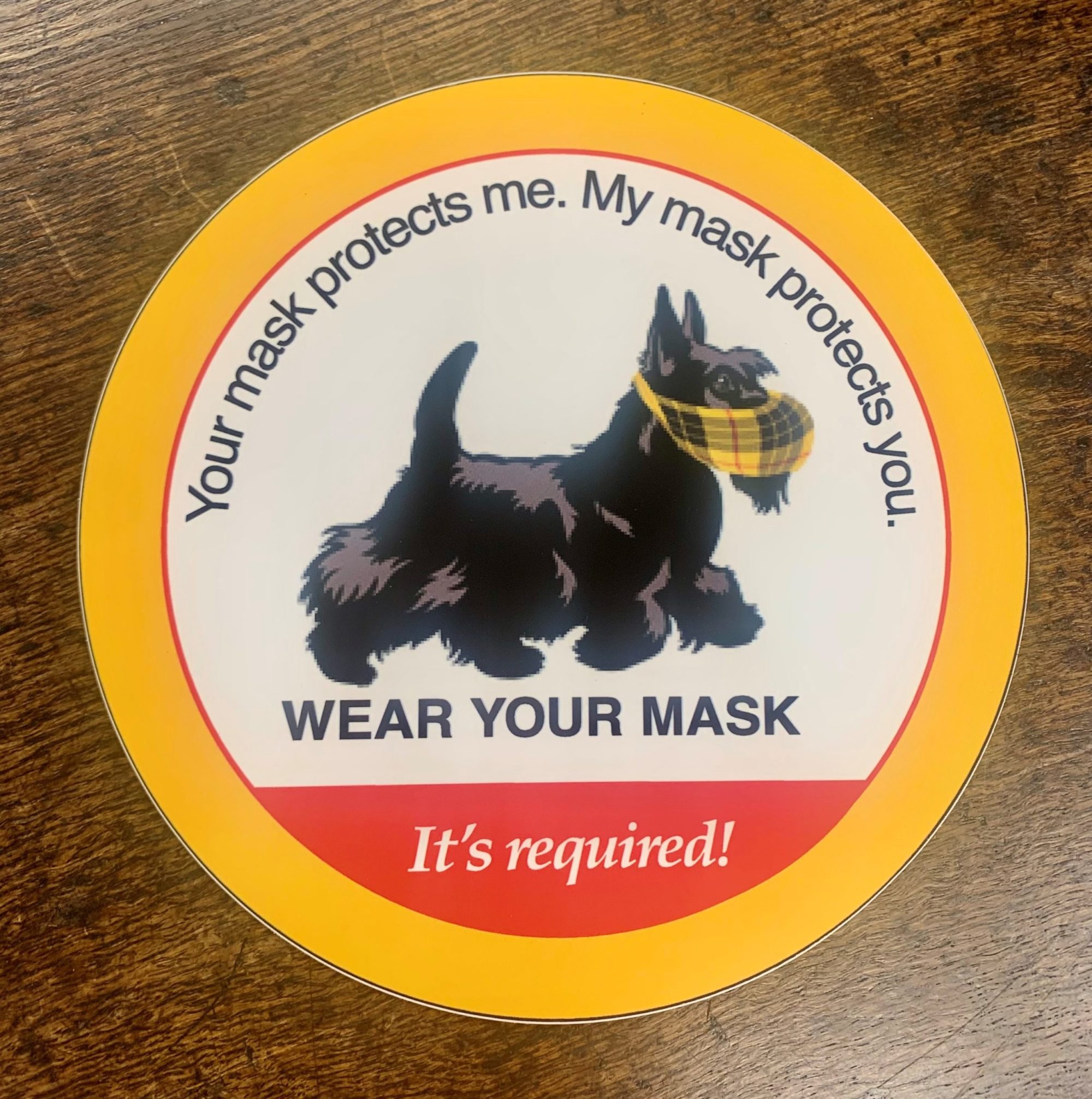 Wear for mask sign with a dog wearing a mask and the words "Your mask protects me. My mask protects you. It's required!"