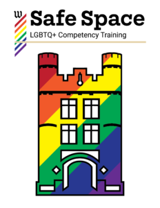 Safe Space, LGBTQ+ Competency Training. Outline of Wooster's Kauke Hall filled in with rainbow colors.