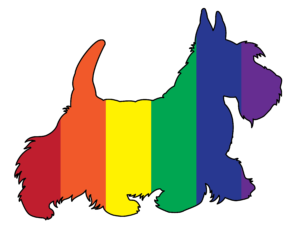 Outline of Wooster Scottie Dog filled in with rainbow colors