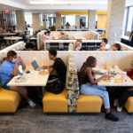 Students eat and socialize in the newly renovated dining area of the Lowry Center at The College of Wooster.