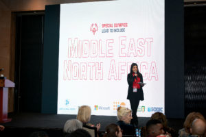 Samira El-Adawy presents gives a presentation on behalf of Special Olympics Middle East North Africa.