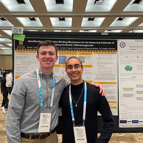 Jack Donahue ’24 and Takoda Zuehlke ’23 presented posters on their research at the National American Society of Biochemistry & Molecular Biology (ASBMB) meeting in Seattle, Washington.