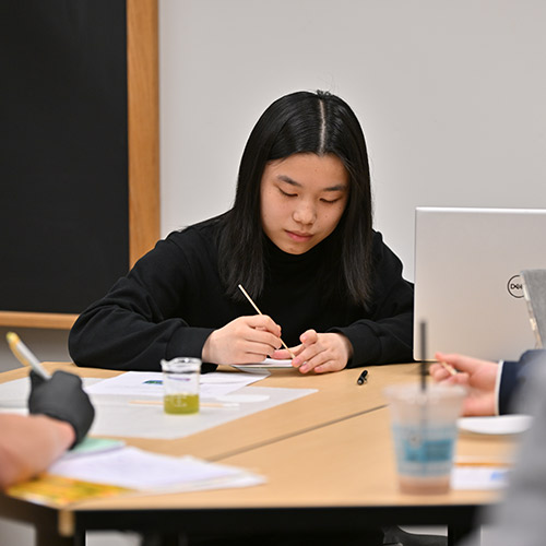 A general chemistry course this spring included lab activities geared toward students interested in art and art conservation; pictured in Shuri Mauser ’26.