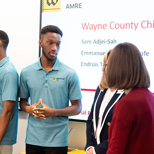 Students Emmanuel Aboagye-Wiafe ’24, Sam Adjei-Sah ’24, and Endrias Tesfaye ’24 presented their research on childcare services to Community Action of Wayne and Medina Counties.