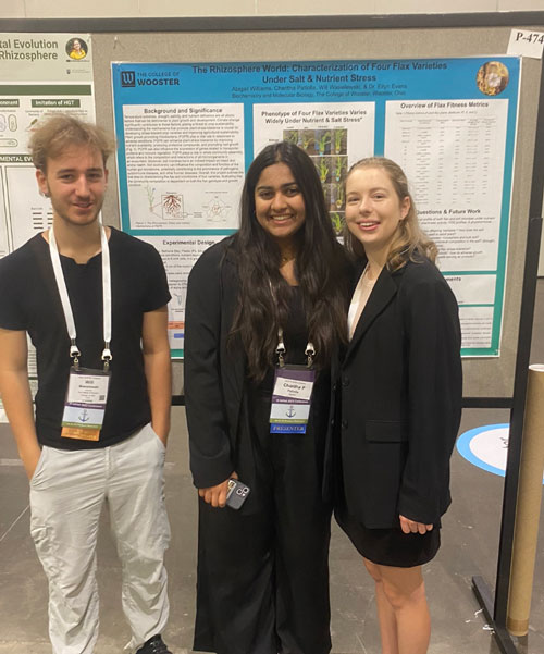 Students Will Wasielewski ‘25, Charitha Patlolla ’25, and Abigail Williams ’26 attended an international conference in plant-microbe research with Ellyn Evans ’16, visiting assistant professor of biochemistry and molecular biology.