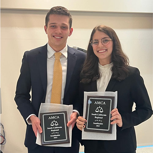 Austin Piatt ’24 and Dylynn Lasky ’24 qualified Moot Court Association nationals competition out of a regional competition at Mount Saint Mary’s University in Los Angeles.