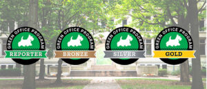 Four badges for the Green Office Program—Reporter, Bronze, Silver, and Gold—each featuring a white scottie dog silhouette on a green background, displayed over a campus courtyard with trees.