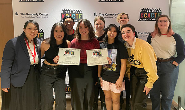 Theatre and dance students attended the Region II Kennedy Center American College Theatre Festival in January with Naoko Skala, assistant professor of theatre and dance. Pictured in the front are Skala, Lily Bulman ’25, Gracie Shreve ’24, Adeline Williams ’26, Morgan Hunter ’25, and in the back row, Cam Love ’25, Claire Alderfer ’24, Abigail Rahz ’25, and Keara Lennox ’26.