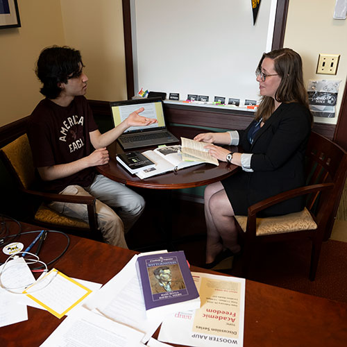 Désirée Weber, associate professor and chair of political science and Abhishek Manhas ’26, a double major in mathematics and computer science partnered in a sophomore research project to extend the reach of a world-renowned philosopher’s manuscripts.