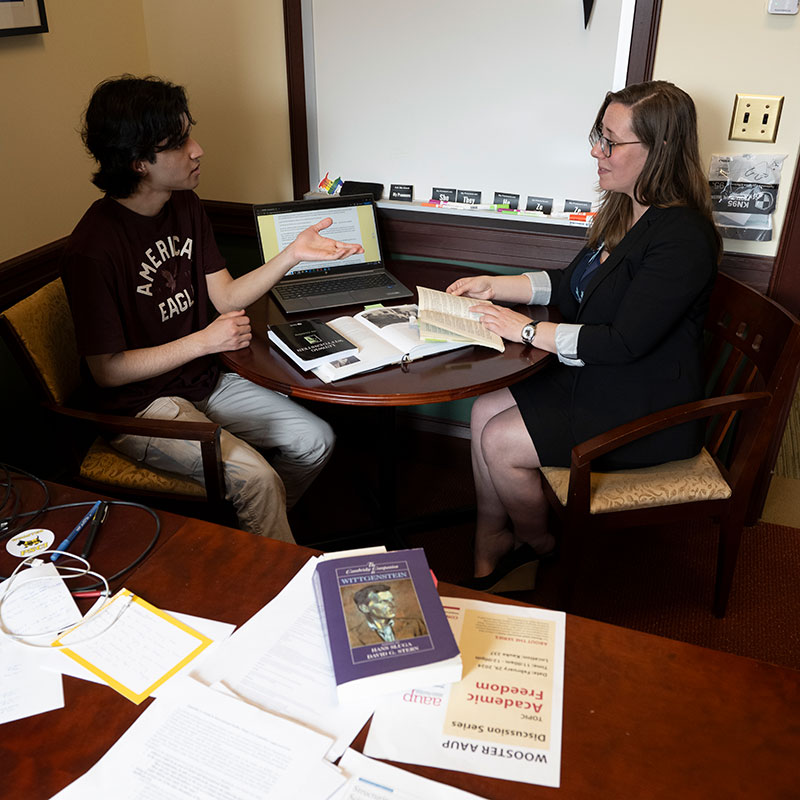 Désirée Weber, associate professor and chair of political science, and Abhishek Manhas ’26, sophomore research assistant, mathematics and computer science major