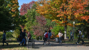 A picturesque autumn scene on The College of Wooster campus. Vibrant fall foliage in shades of red, orange, and yellow frames a paved walkway. Several students are walking along the path, carrying backpacks and appearing to be in transit between classes. A lamppost and benches are visible along the walkway. The image captures the essence of a busy campus day amidst the colorful beauty of the fall season.