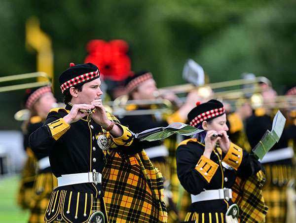 The Scot Marching Band performs at Papp Stadium.