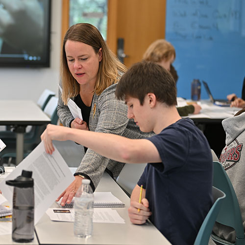 Professor Sobeck, pictured here with Aidan Burd ’26, engaged the class in regular reflections connecting their lab work to preservation and the study of cultural heritage.