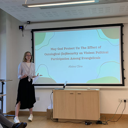 Alaina Cline '25 presents at Cambridge University.