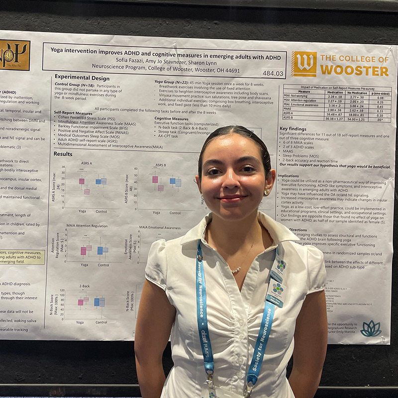 Sofia Fazazi's poster presentation, which earned her the travel award, was titled "Yoga Intervention Improves ADHA and Cognitive Measures in Emerging Adults with ADHD." Fazazi, Amy Jo Stavnezer and Sharon Lynn are co-authors.