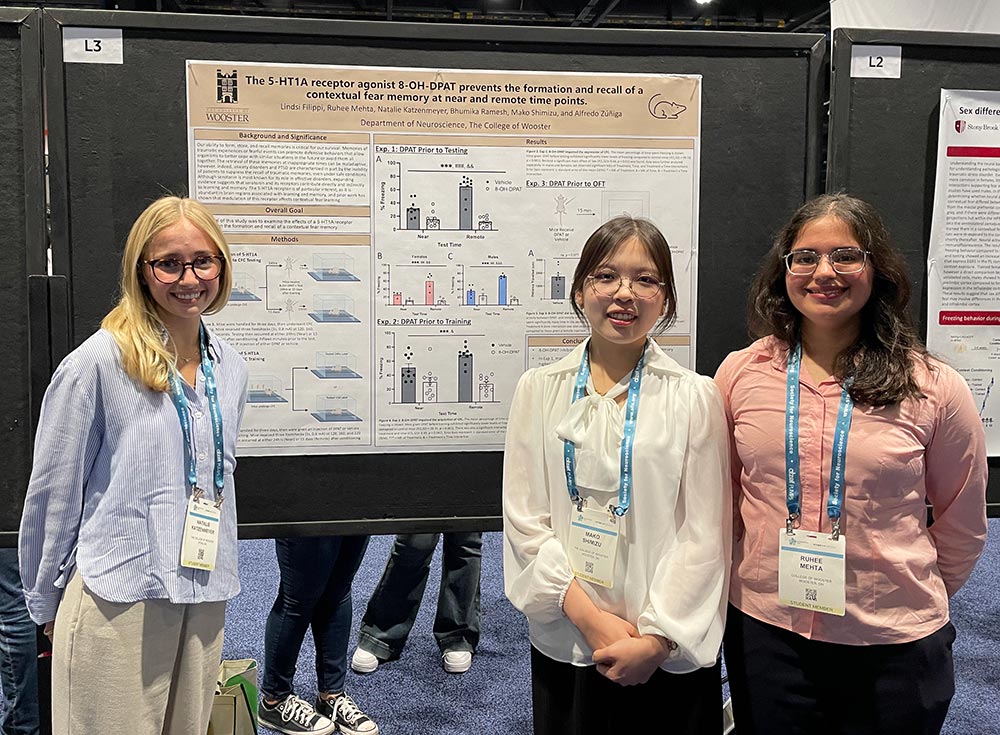 Contributing to the research on "5-HT1A receptor agonist 8-OH-DPAT that prevents the formation and recall of contextual fear memory at near and remote time points" were (left to right) Natalie Katzenmeyer, Make Shimizu, Ruhee Mehta, and those not pictured, Bhumika Ramesh, Lindsi Filippi, and Alfredo Zuniga. 