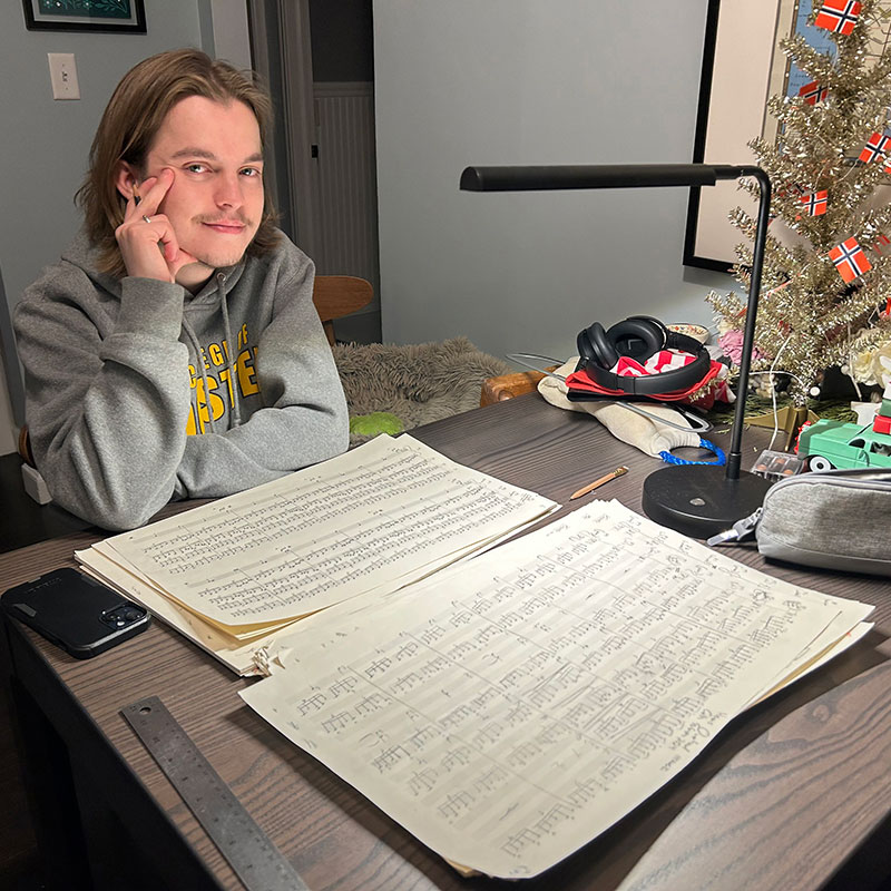 Colin Schrein ’25, a music composition major, creates a large composition emulating herons for his Independent Study. 