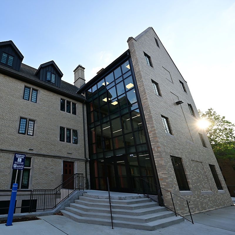 The renovation of The College of Wooster’s Douglass Hall added a fully accessible entrance on Wayne Avenue complete with an elevator and glass atrium.