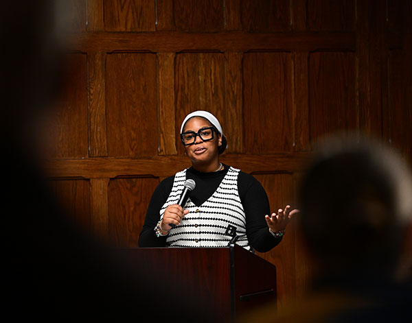 Halen Toney, education and music major from Wooster’s Class of 2026 and a resident assistant in Douglass Hall spoke at the ceremony.