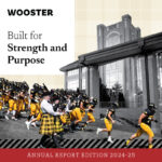 A representation of the Wooster magazine Annual Report 2024-25 cover image features the iconic moment when the The College of Wooster Pipe Band leads the team down to the field.