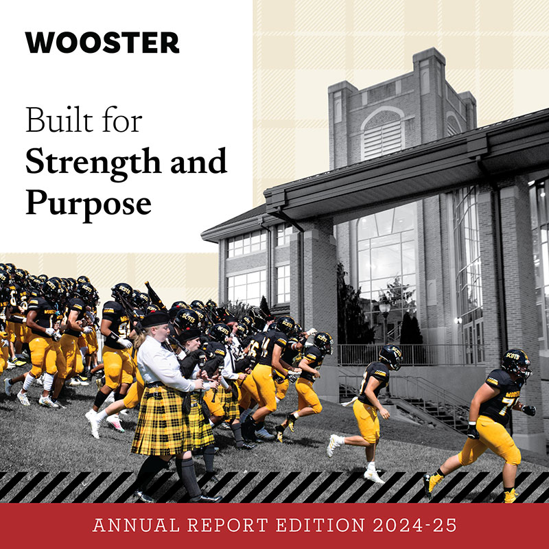 A representation of the Wooster magazine Annual Report 2024-25 cover image features the iconic moment when the The College of Wooster Pipe Band leads the team down to the field.