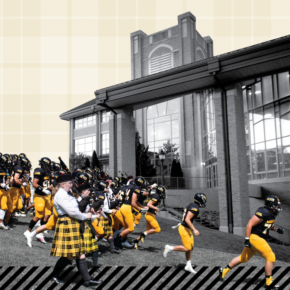 A representation of the Wooster magazine Annual Report 2024-25 cover image features the iconic moment when the The College of Wooster Pipe Band leads the team down to the field.