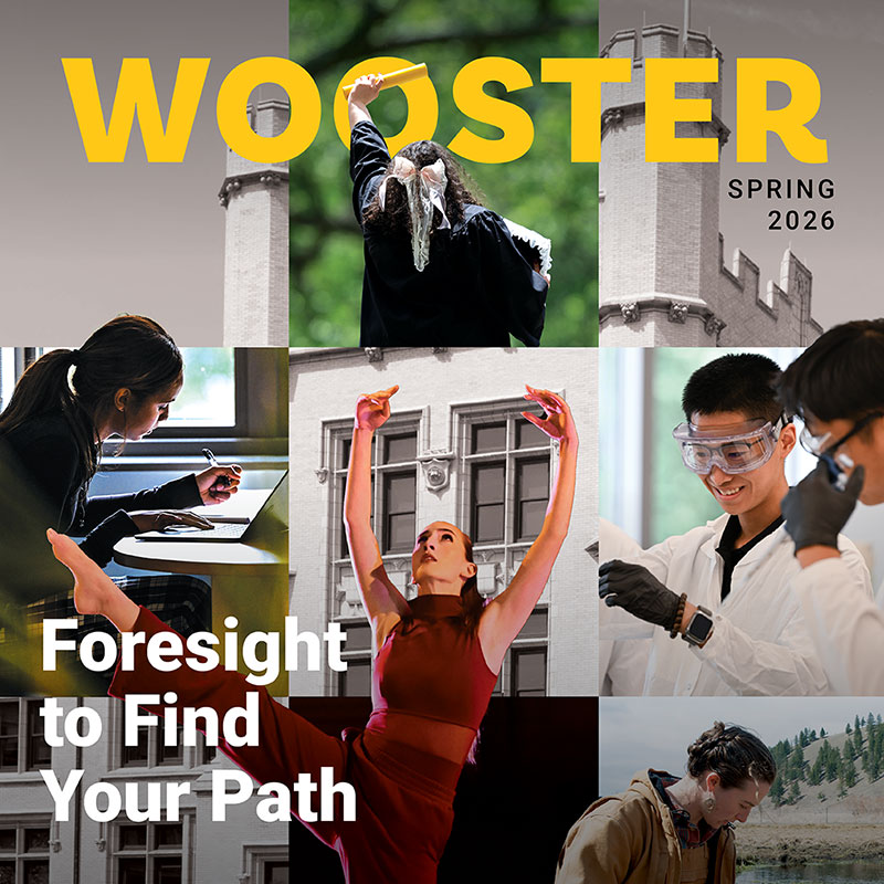 Representation of the cover of spring 2026 Wooster magazine features multiple images of students participating in liberal arts learning from dance, to study away opportunities, lab work, and graduation.