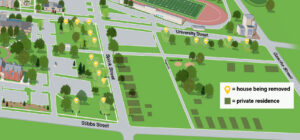 Illustrated campus map showing streets (University, Spink, Stibbs, Cascade) with pins marking houses to be removed and shaded blocks indicating private residences near Jaycee Park.