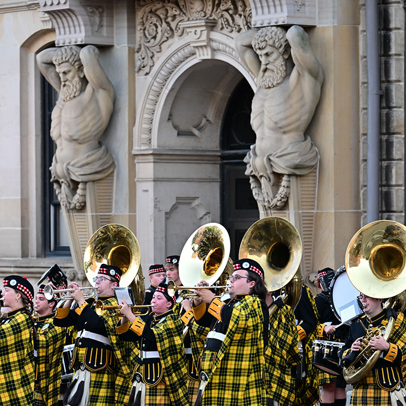 The College of Wooster Scot Marching and Pipe Bands often performs in downtown Wooster including Wooster Fest fall 2025.