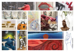 Collage of diverse artworks arranged in a grid, including paintings, sculptures, drawings, and digital images, with artist names labeled beside each piece.