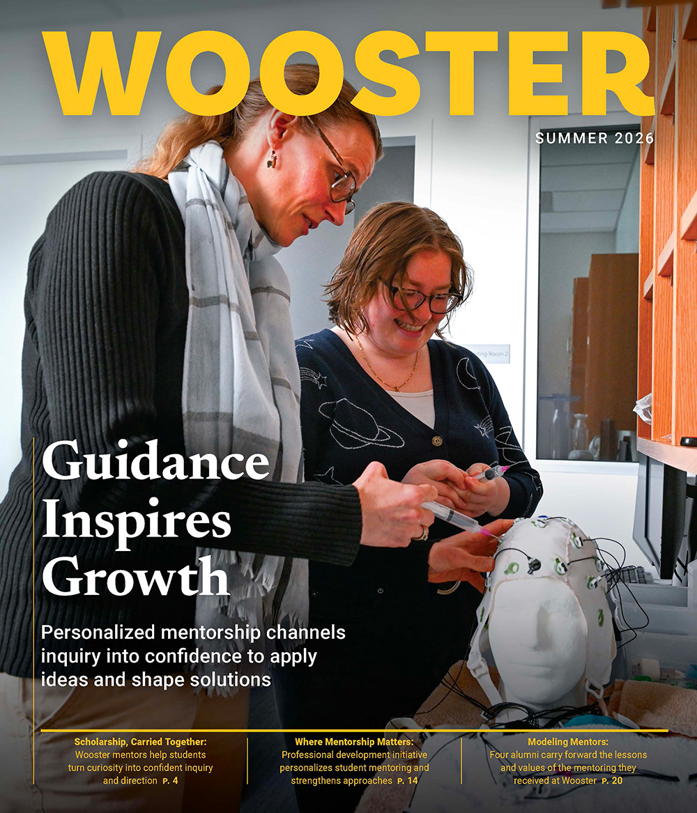 The summer 2026 Wooster magazine cover features a student and faculty mentor in the neuroscience lab.