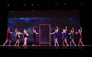 Cardine (second from right) performs her Independent Study piece titled, "Eye to I" with fellow dancers Gina Strain ’28, Li Winner ’27, Brooke Johnson ’27, Anneke Smeenk ’27, MacKaye Sanwald ’29, Meghan Neville ’26, and Erica Kahle ’28.